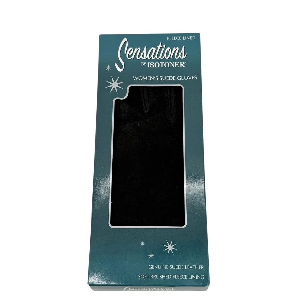 Sensations by Isotoner Women Black Genuine Suede Leather Fleece Lined Gloves NEW